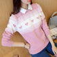 Autumn Winter Korean  Short Pullover Sweater Lapel Loose Sweater Coat Sweet Beaded Fake Two pieces Sweaters for Students Office Ladies
