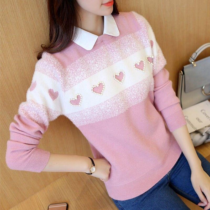 Autumn Winter Korean  Short Pullover Sweater Lapel Loose Sweater Coat Sweet Beaded Fake Two pieces Sweaters for Students Office Ladies
