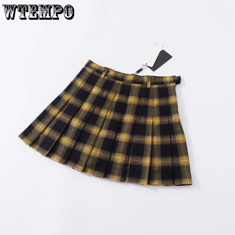 Women Skirts Cute Yellow Black Red Lattice Pleated Skirt Punk Style High Waist Short Skirt