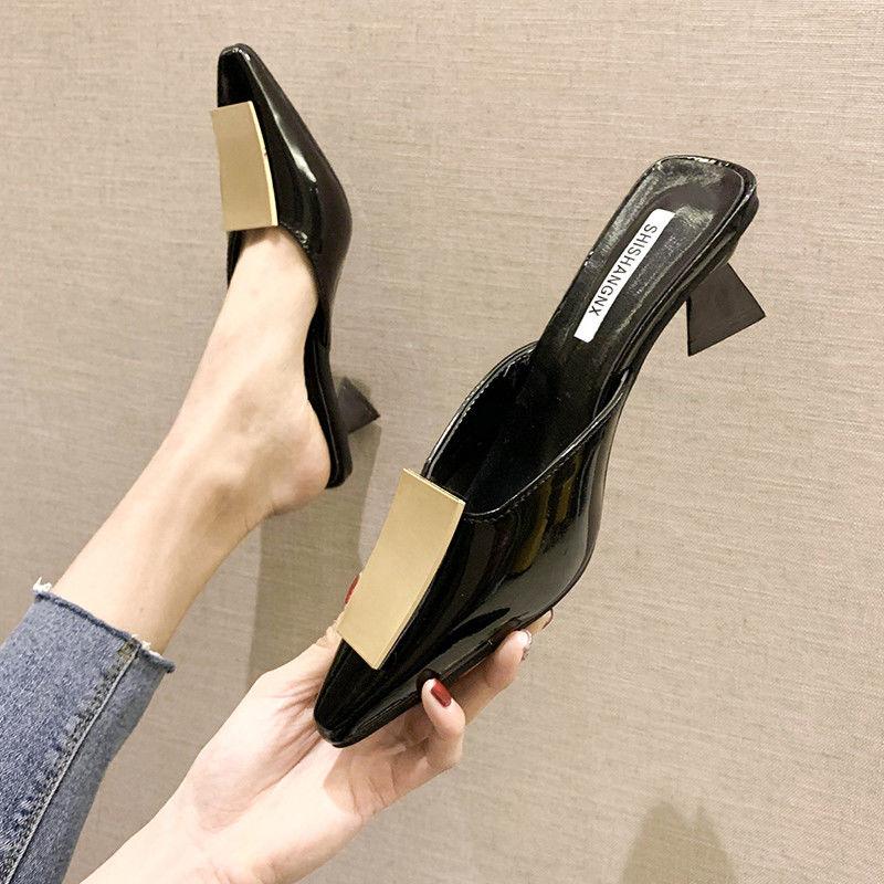 Pointed Half Slippers Women's Summer Wear Fashion All-match Thick Heel High Heel Sandals Muller Half Toe Shoes