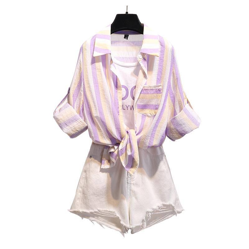 Pofulove Women Fake Two-piece Striped Shirt Hole Denim Shorts Two-piece High-waist Shorts Set Summer