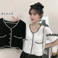 Women Spring and Summer Vintage Cardigan Elegant V-neck Single Wear Base Short Sleeve White and Black T-shirt