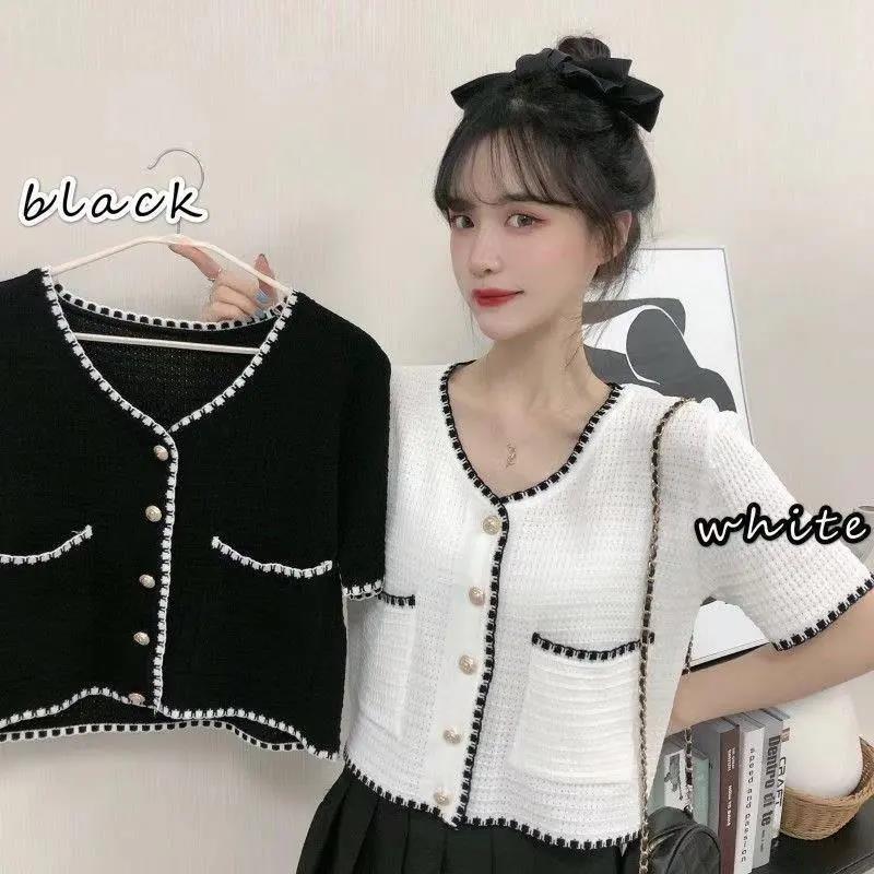 Women Spring and Summer Vintage Cardigan Elegant V-neck Single Wear Base Short Sleeve White and Black T-shirt