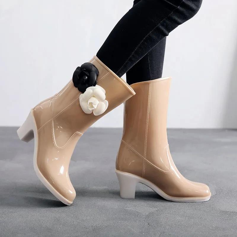 Women's Large Size High Heel Rain Boots Ladies Camellia Adult Rain Shoes Solid Color Non-Slip PVC Water Boots