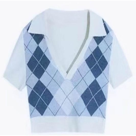 DREAM SEVEN77 Short Woolen T-shirt Women's Diamond V-neck Short-sleeved Top