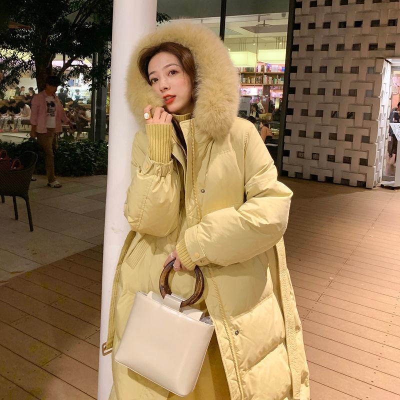 Real Fox Fur Collar Down Jacket Women Mid-length Korean Style Slim Fashion Over-the-knee Thickened Waist Coat