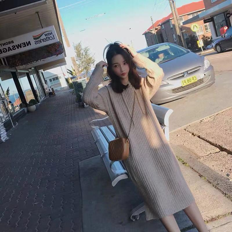 Autumn  Winter Thick Korean Mid-length Sweater Women Over The Knee Knit Sweater Dress Versatile Hooded Base Skirt