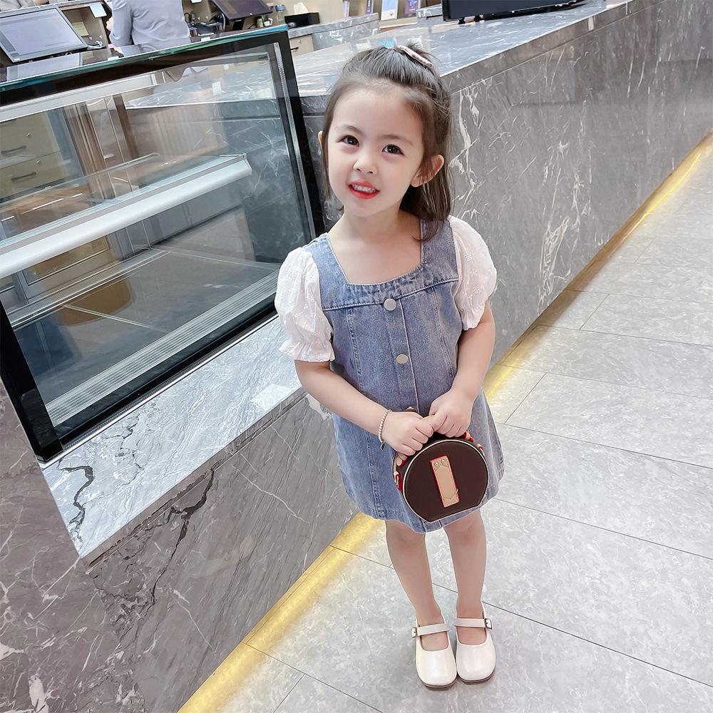 Children Dress Summer Girl's Denim Skirt with Strap Single Breasted Ruffle Short Sleeve Denim Skirt