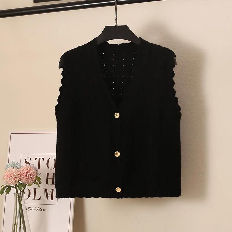 Wool Knitted Vest Women's Vest Spring and Autumn Loose Short Wave Side Single-breasted Hollow Sweater Small Cardigan