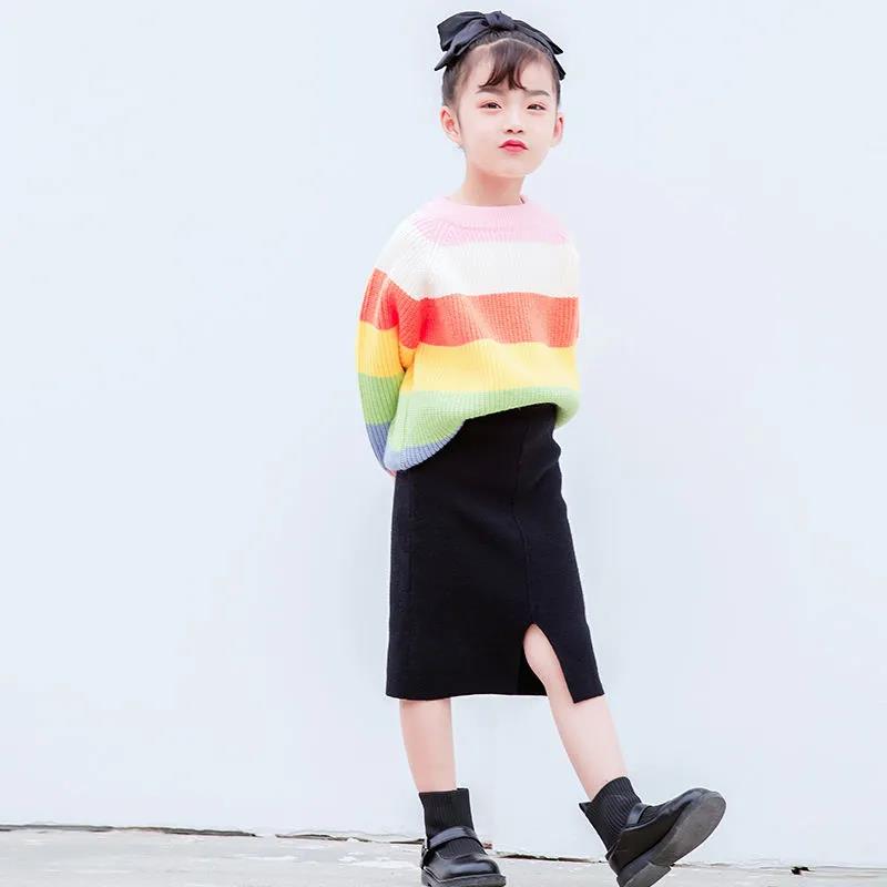 2021 Autumn and Winter New Children's Sweater Rainbow Stripe Girls Sweater Cashmere Fluffy Warm Knitted Sweater