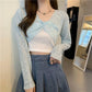 Blouse Women's Knitted Blouse Small Irregular Short Section Knotted Thin Section Summer V-neck Long-sleeved Women’s Tops