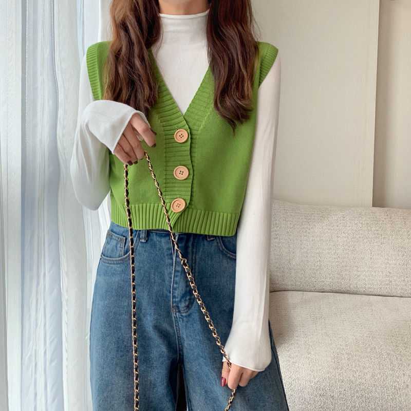 Sweater Knit Vest Women Solid Loose V-Neck Cardigan Short Sweater Elegant Sleeveless Single Breasted Lovely Female Basic Tops
