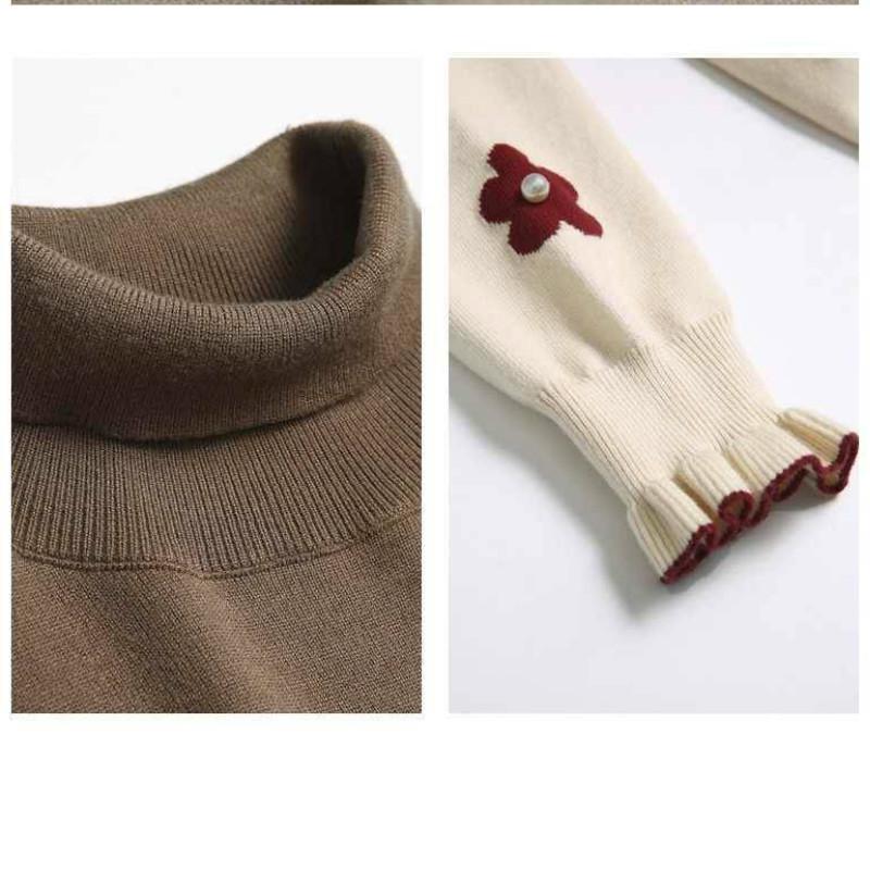 Pofulove Base Sweater Turtleneck Autumn and Winter Sweet Embroidery Long-sleeved Pullover Sweater