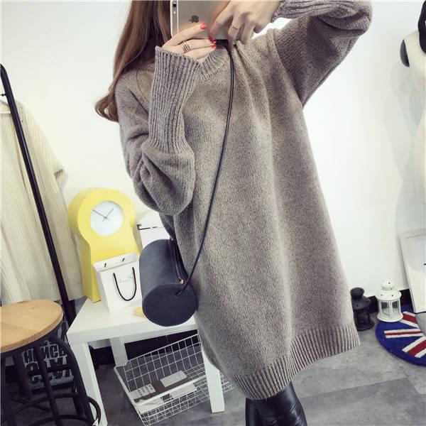 Winter Sweater Dress Women Casual Mid-length Raglan Sleeves Turtleneck Knit Pullovers Women