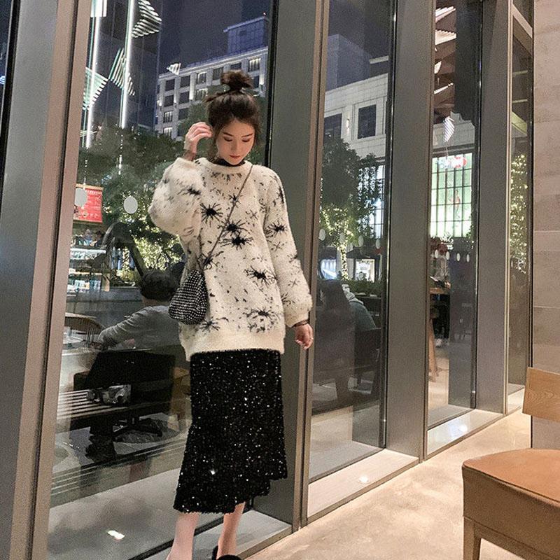 Autumn and Winter Fashion All-match Sweater Pullover Loose Shiny Silk Top Mid-length Snowflake Pattern Female Sweater