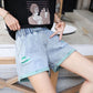 WTEMPO Women Loose Ripped Pants Big Pocket High Elastic Waist Denim Shorts  Spring and Summer Wide Leg A-line Thin Casual Jeans