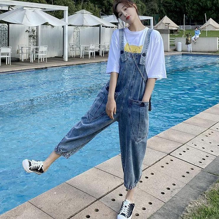 Women Vintage Denim Suspenders Pants Spring and Autumn Loose Versatile Western Style Casual Wide Leg Capris
