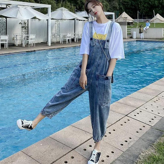 Women Vintage Denim Suspenders Pants Spring and Autumn Loose Versatile Western Style Casual Wide Leg Capris