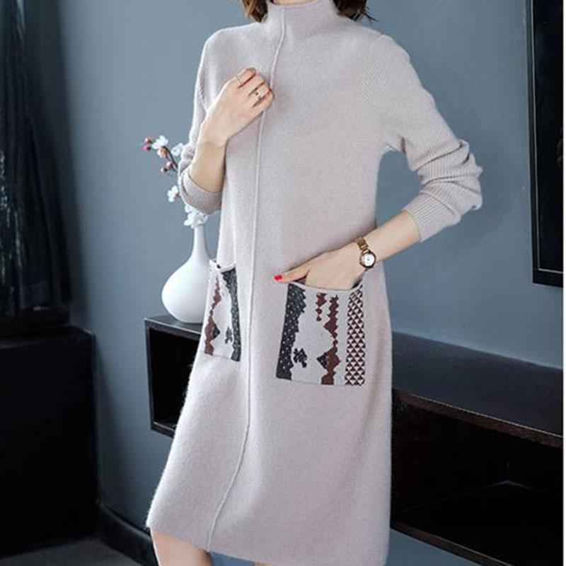 Autumn and Winter Knitted Slimming Dress Mid-length Loose and Simple Base Skirt Fashion Casual Middle-aged Women Sweater Dress