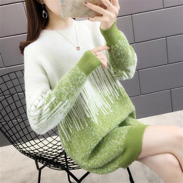 Women's Mohair Sweaters Thick Pullover Knitwear Gradient Color Round Neck Fuzzy Sweater