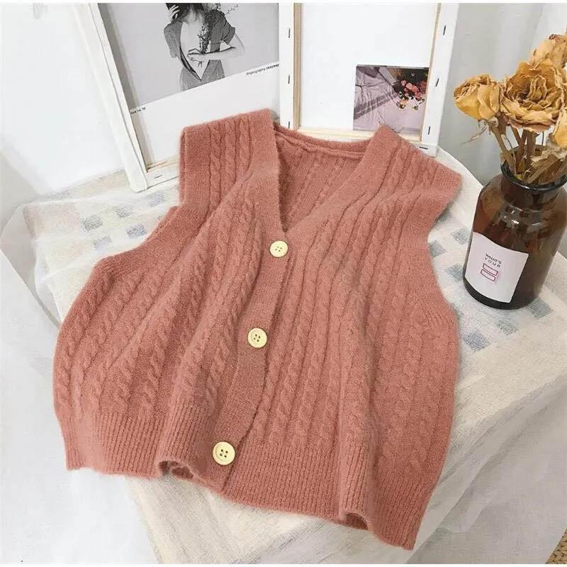 Solid Color V-neck Single-breasted Knitted Cardigan Vest Women's Early Spring and Autumn Winter Style Korean Fan Retro Style Outer Vest Vest