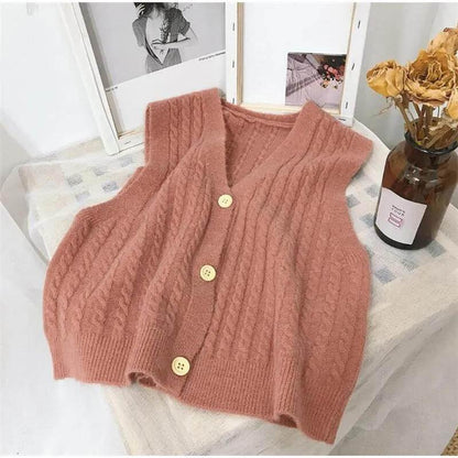 Solid Color V-neck Single-breasted Knitted Cardigan Vest Women's Early Spring and Autumn Winter Style Korean Fan Retro Style Outer Vest Vest