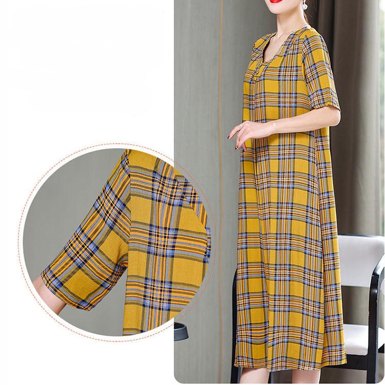 Loose Comfortable Plus Size XL-XXXXXL Cotton Short-sleeved A-line V-neck Ruffle Dress Summer Printing Calf-length Skirt
