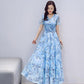 Embroidered Net Yarn Printed Chiffon Dress Summer Long Waist Short-sleeved Beach Skirt Long Skirt Temperament Elegant Long Skirt Women