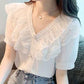 Chiffon Shirt Women's Summer Solid Color Temperament Foreign Style V-neck Shirt Ruffled Lace Short-sleeved Top