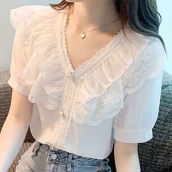 Chiffon Shirt Women's Summer Solid Color Temperament Foreign Style V-neck Shirt Ruffled Lace Short-sleeved Top