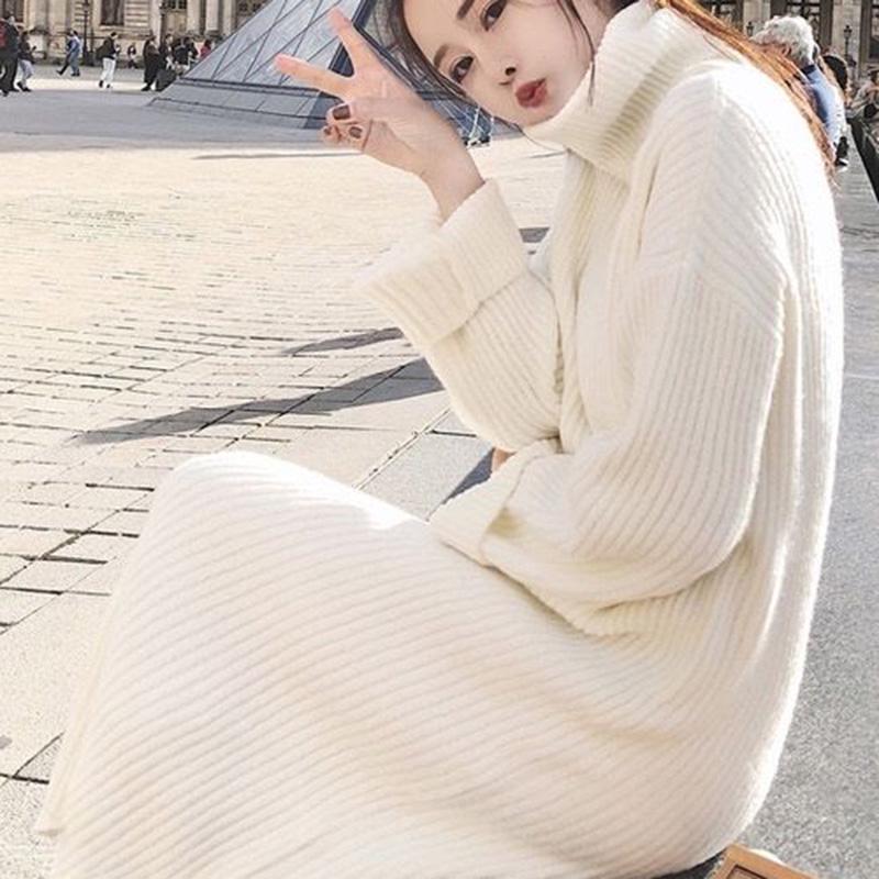 Fall/winter Turtleneck Pullover Skirt Over-the-knee Slim White Bottoming Skirt