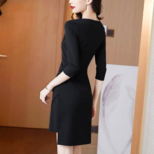 Burgundy Women V Collar Slim Dress Occupation Dress Temperament Occupation Tight Dress Vestidos
