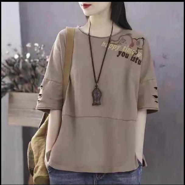 Large Size Short Sleeve Shirt Women Cotton Shirt Bear Print Casual Pullover Thin T-shirt