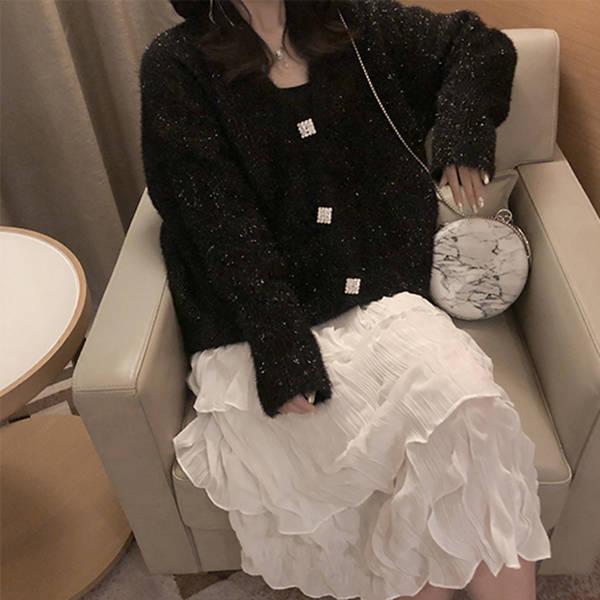 Women Bright Silk Cardigan Jacket Short Loose Lantern Sleeve Sweater Plus Size