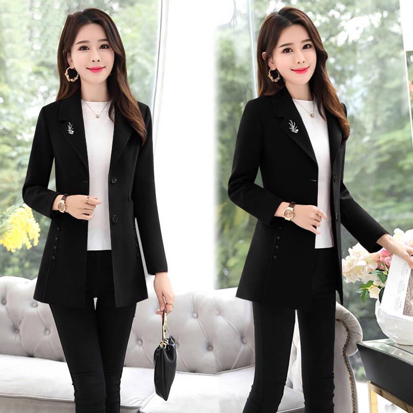 Autumn Winter Elegant Brooch Women Coats Warm Woolen Long Sleeve Slim Outwear Lapel Cardigan Jacket