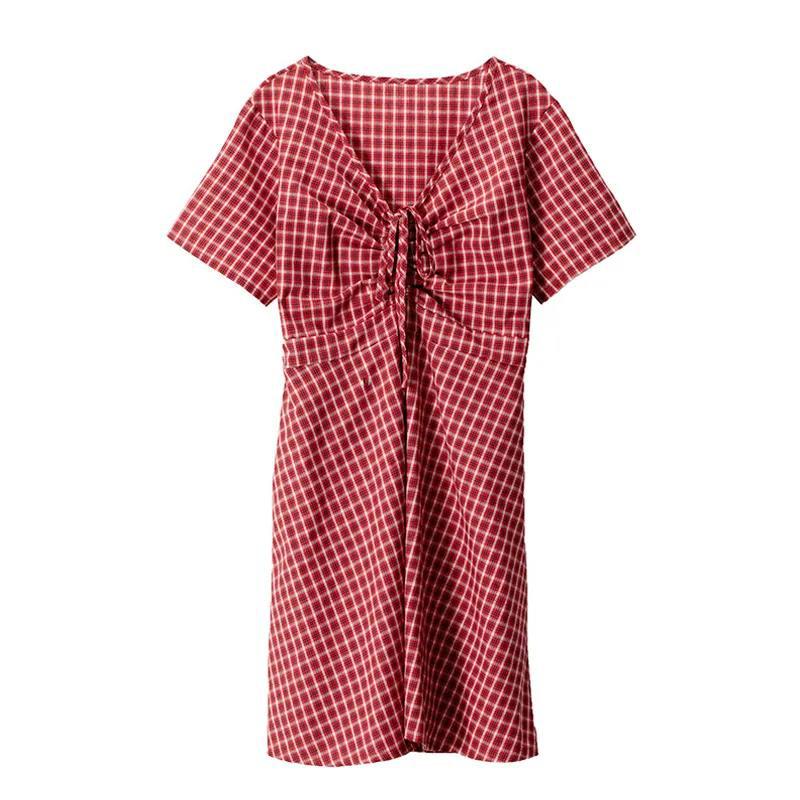 Plaid Dress Women's Cotton linen Summer Short Sleeve V-Neck Knee-length Dress Daily Wear Office Party