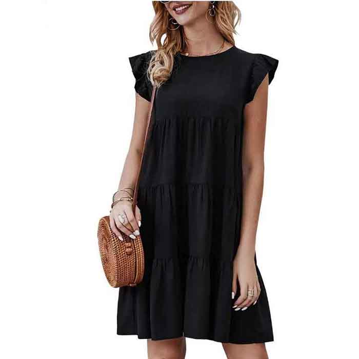 European and American Summer Solid Color Round Neck Short-sleeved Dress Casual Cake Skirt Pleated Swing Skirt
