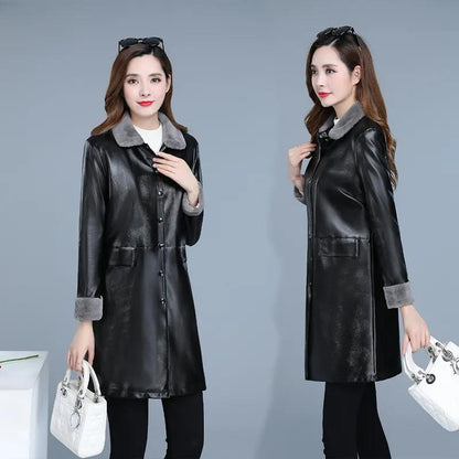 Winter Women's Leather Jacket Fashion Loose Mid-length Leather Jacket Plus Cotton Thick PU Leather Large Size Leather Jacket