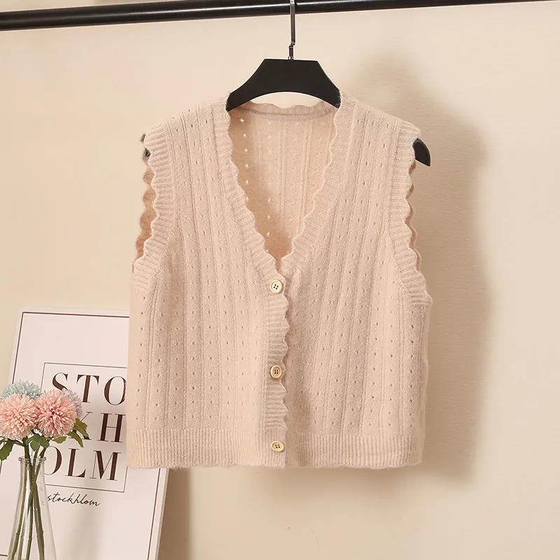 Wool Knitted Vest Women's Vest Spring and Autumn Loose Short Wave Side Single-breasted Hollow Sweater Small Cardigan