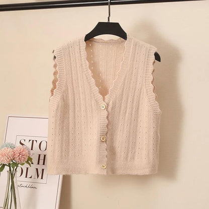 Wool Knitted Vest Women's Vest Spring and Autumn Loose Short Wave Side Single-breasted Hollow Sweater Small Cardigan