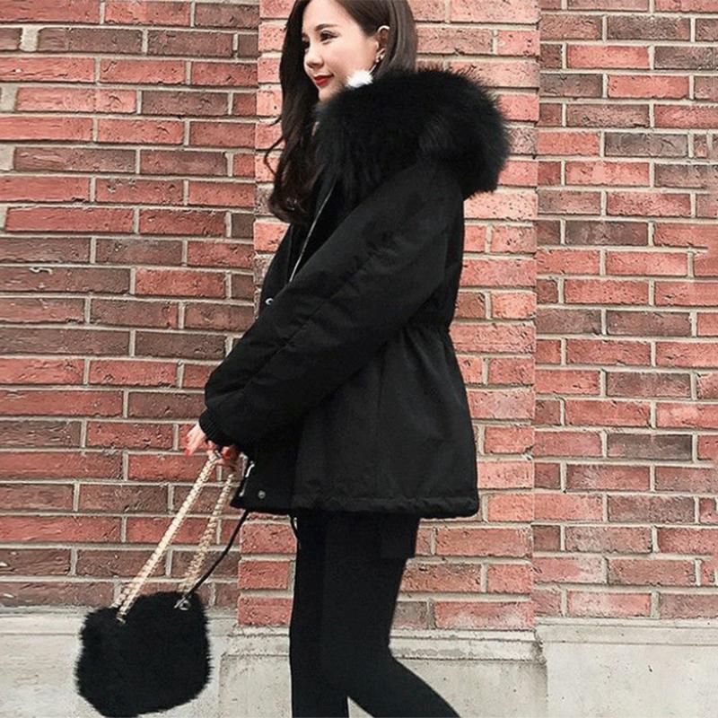 Women's Solid Color Hooded Down Jacket Regular Korean Loose Thick Coat Warm Cotton Coat Large Leather Collar Winter Coat Quilted Coat