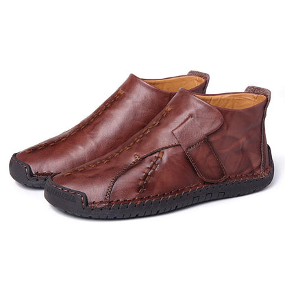 Menico Boots Men Hand Stitching Hook Loop Ankle Boots Leather Casual Shoes Flat Low Heel Large Size