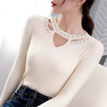 Knitted Beaded Top Women's Sweater Spring Style Slim Fit Bottoming Long Sleeve Sweater