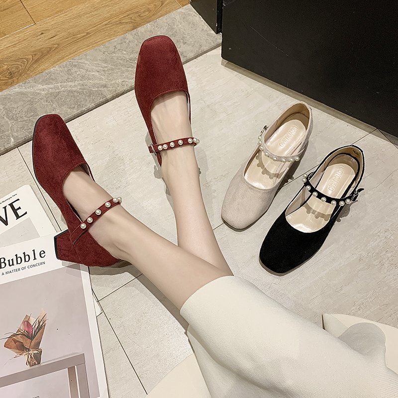 Square-toed Single Shoes Women's Wild Fashion Pumps Autumn Girl Thick-heeled French High Heels