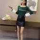 Pofulove matching slim round neck pullover long sleeve bottoming sweater women  flared sleeves color