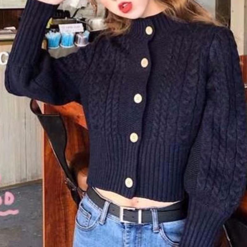 Autumn New Style Retro Design Button Twist Top Loose Short Long Sleeve Knitted Casual Sweater Cardigan Jacket Women