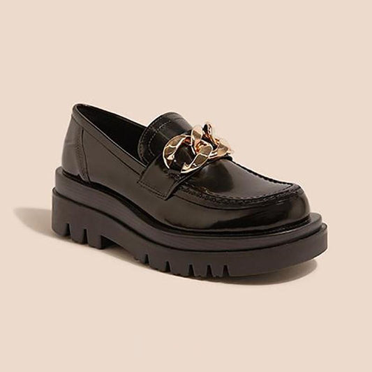 Women's Leather Shoes with Shiny Patent Leather and Soft Sole British Style Platform Platform Loafers