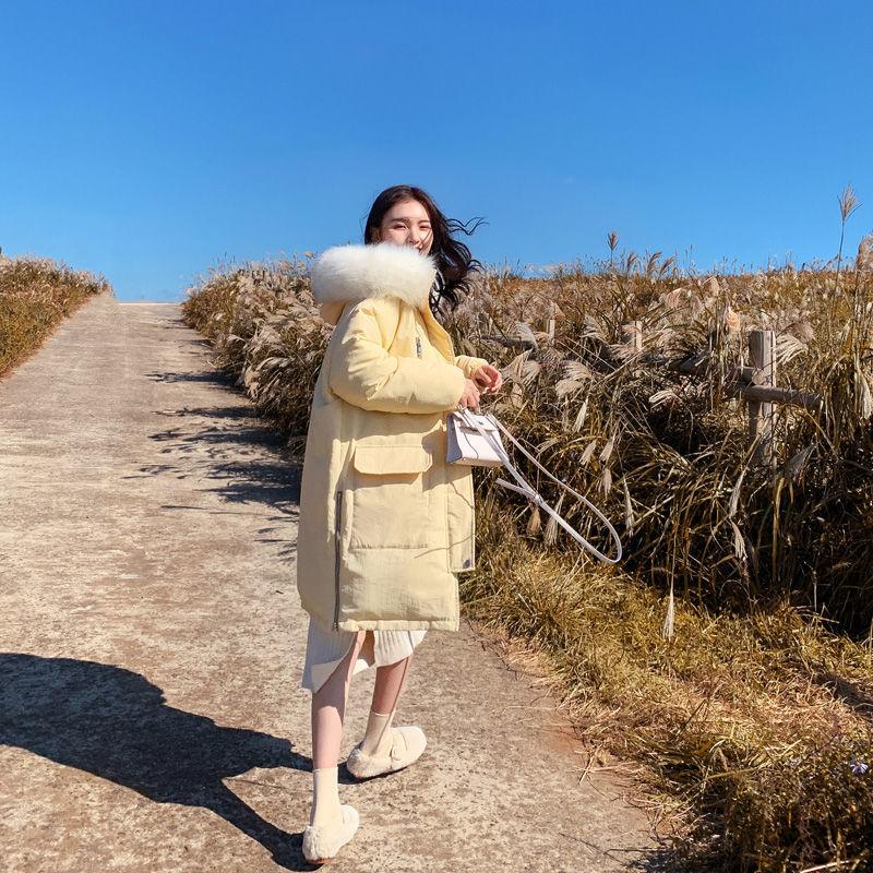 High-quality Cotton-padded Jacket Women Winter Korean Style Loose Hooded Goose Yellow Mid-length Large Fur Collar Cotton Jacket