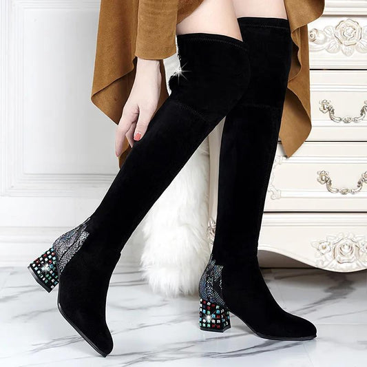 Thick-heeled 6cm Over-the-knee Boots High-heeled Elastic Suede Rhinestone Decoration Women's Boots Long-tube and Velvet Boots