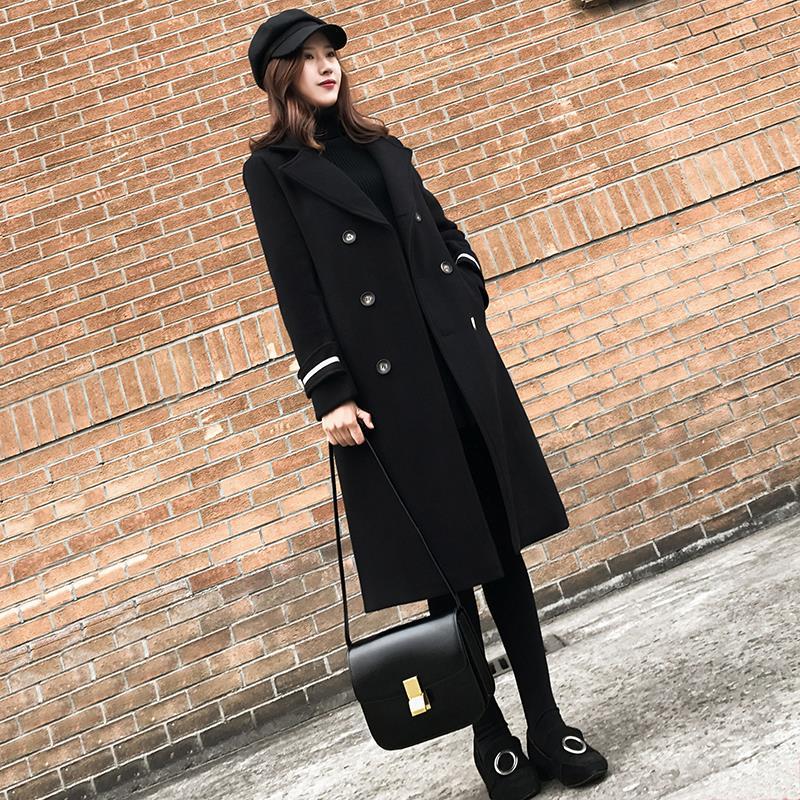 Black Women's Mid-length Woolen Coat Looks Thin In Autumn and Winter Straight Over The Knee Thick Coat